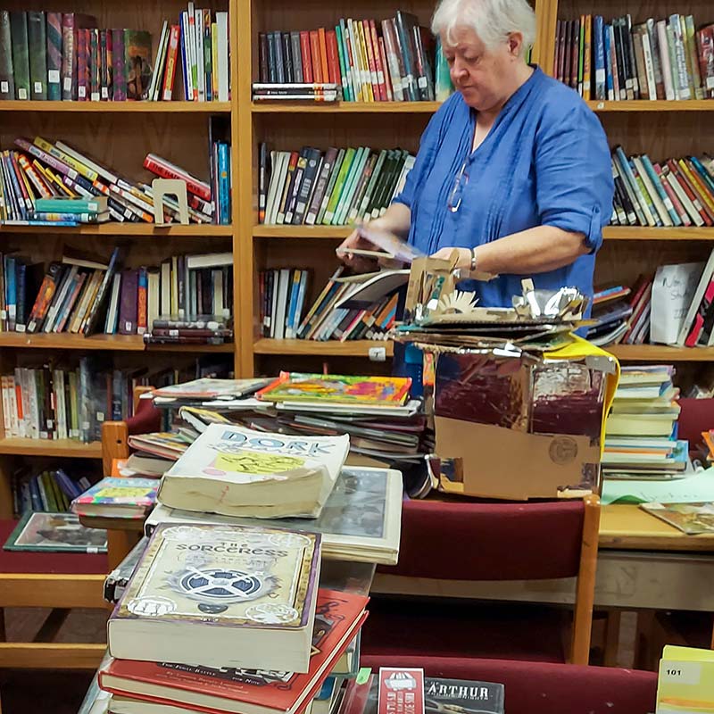 Volunteer sorts books in an elementary school library