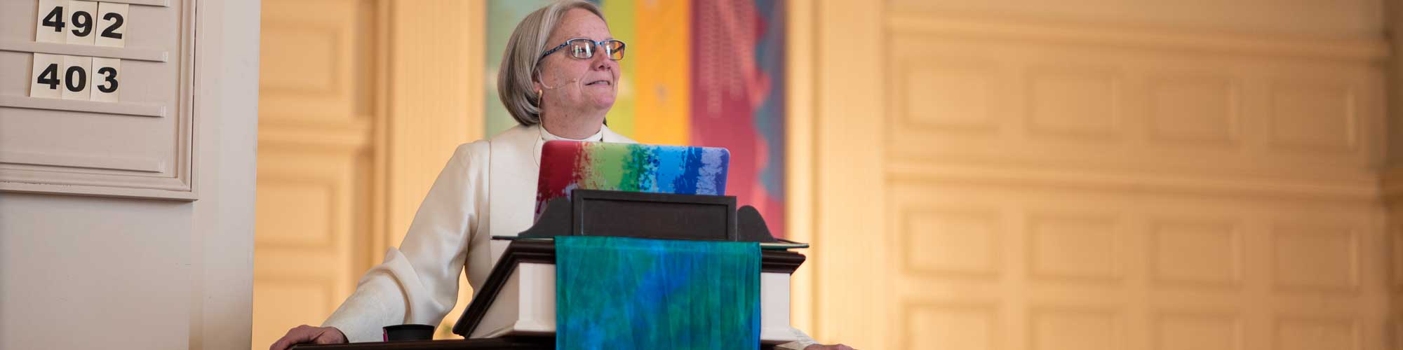 East Church's Pastor Shelly Davis, behind pulpit