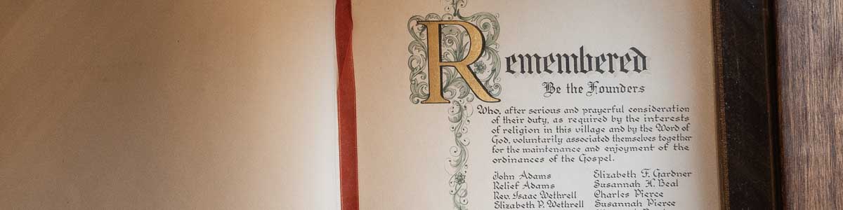 Ornamental book page remembering the East Church Founders.