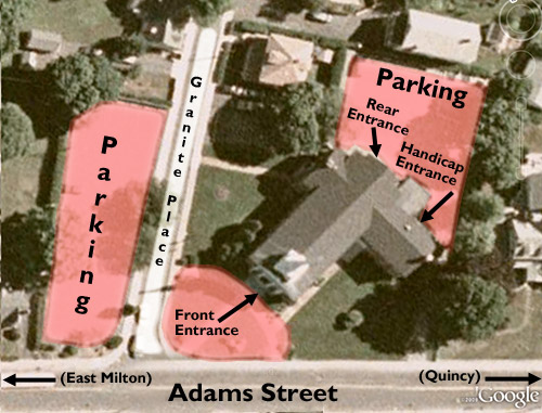 aerial photo showing where to park and ow to enter East Church
